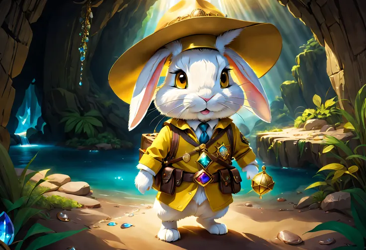 When a cute little rabbit steps into a dark cave，A faint ray of sunlight shone through the gap in the suit，Wearing an earthy yellow explorers outfit，He wears a wide-brimmed straw hat，Embroidered with a gold expedition badge，It symbolizes courage and advent...