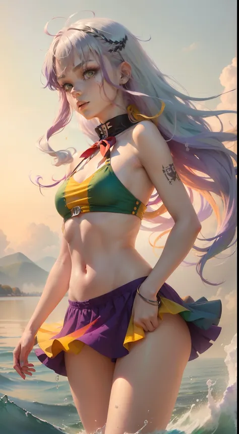 1.5),(1 girl),(Dynamic Pose),(multicolored hair+Silver hair:1.3+Red hair:1.2+Purple hair+Yellow hair:1.3+Green hair:1.3),(Blue eyes),(Neck ribbon),(floating),(cloud),(Too many drops of water),(Twilight),(watercolor paiting),(Wide Shot)