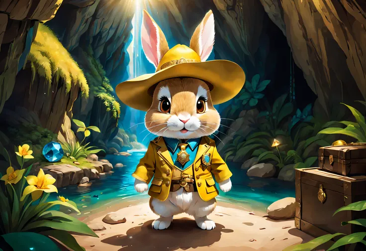 When a cute little rabbit steps into a dark cave，A faint ray of sunlight shone through the gap in the suit，Wearing an earthy yellow explorers outfit，He wears a wide-brimmed straw hat，Embroidered with a gold expedition badge，It symbolizes courage and advent...