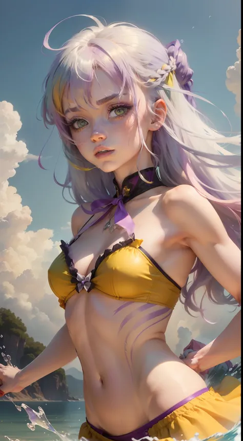 1.5),(1 girl),(Dynamic Pose),(multicolored hair+Silver hair:1.3+Red hair:1.2+Purple hair+Yellow hair:1.3+Green hair:1.3),(Blue eyes),(Neck ribbon),(floating),(cloud),(Too many drops of water),(Twilight),(watercolor paiting),(Wide Shot)