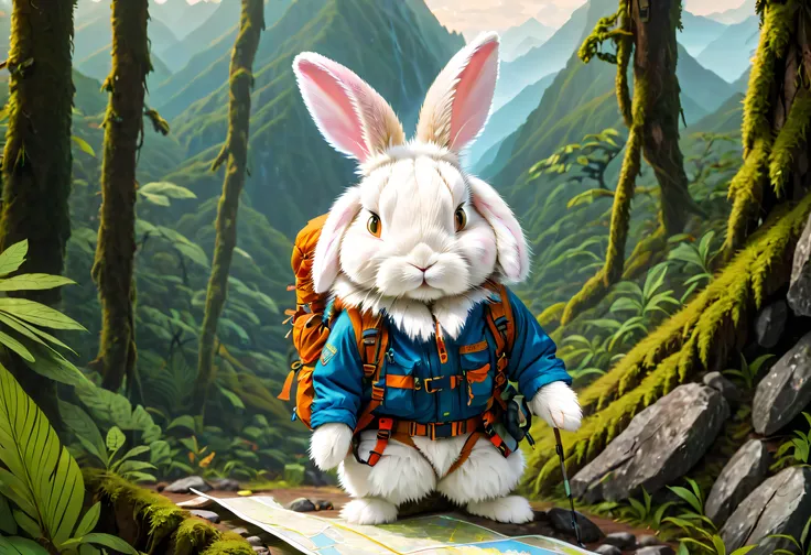 （full bodyesbian，Long-range shooting），hairy, White fur, Male, (Scale insects, A cute little bunny in adventure mountaineering gear, Im looking at a map with a map in my hand，Hike through the forest: 1.5), individual, Cute paws, Detailed fur, Golden eyes, F...