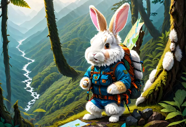 （full bodyesbian，Long-range shooting），hairy, White fur, Male, (Scale insects, A cute little bunny in adventure mountaineering gear, Im looking at a map with a map in my hand，Hike through the forest: 1.5), individual, Cute paws, Detailed fur, Golden eyes, F...