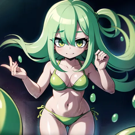 1slimegirl, wearing leaf bikini, hair made out of slime, body made out of slime, slime hair covering one eye