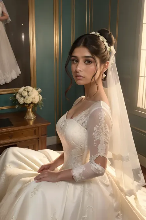 year: 2023. Location: madrid. Pre-Raphaelite scene with a 32-year-old Diane Guerrero, sentada, Luxurious room, ((((panic attack)))), estresado, nervioso, ((((2020s Wedding Dress)))) ((Hairstyle of the 2020s, Low bun)), ((("OMITB" cinematography)))