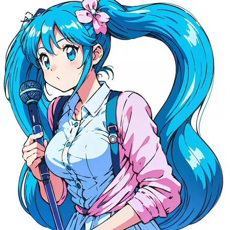 miku hatsune、Big eyes、Blue-haired、Twin-tailed、microphone、White background、Chest illustration、cute little、Shoujo manga style、without background、eyes large、locks、Large breasts、Background white、Blue hair