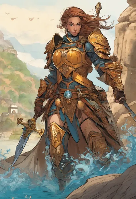 A woman in armor walking through a body of water, picture of female paladin, female paladin, fantasia paladin mulher, gorgeous female paladin, cavaleiro feminino, retrato cavaleiro feminino, Retrato do Paladino Feminino, Warhammer 4 0K obra de arte, de uma...