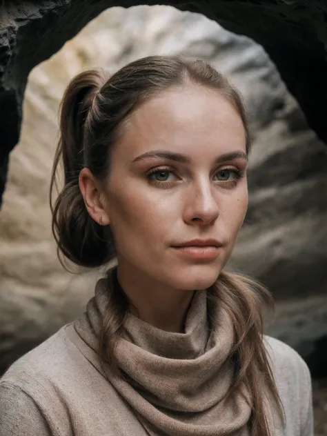 closeup headshot of S206_LizKatz,a beautiful woman,in a (cave:1.1),wearing a (cowl-neck:1.1),(ponytail:1.1),(8k, RAW photo, best quality, depth of field, ultra high res:1.2),(absurdres, intricate, photorealistic, masterpiece, ultra-detailed:1.3),