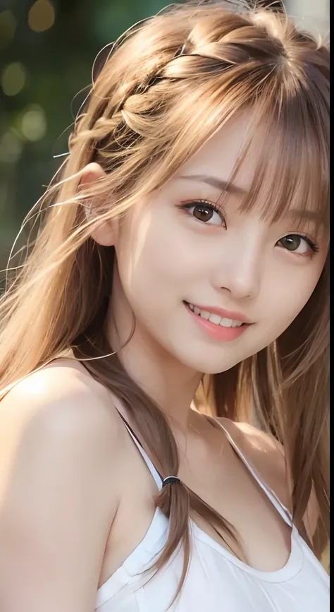 (8K、top-quality、​masterpiece:1.2)、(reallistic、Photorealsitic:1.37)、The ultra-detailliert、女の子1人、18year old、Medium chest、Beautie、Beautiful and perfect face、up close shot、Natural smile、独奏、holiday、Bustling street、shopping、Fashionable clothes、Redness of the nos...