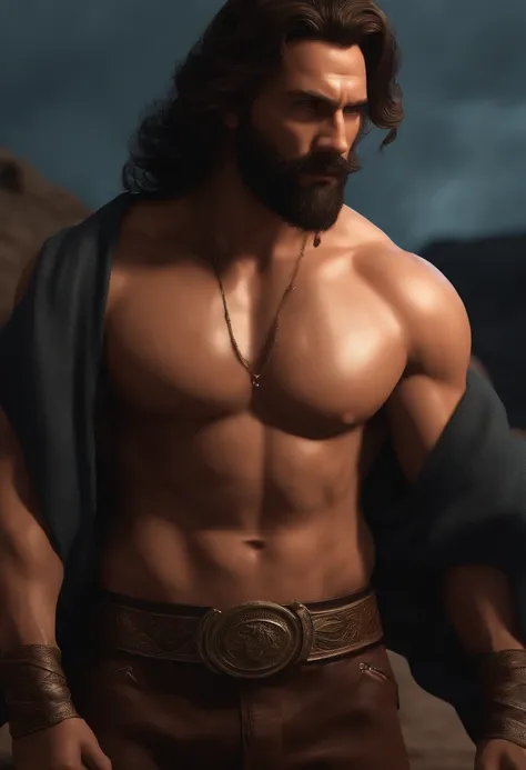 (Professional 3D rendering:1.3) de (Realistic:1.3) Foto de arte mais bonita do mundo，Features soft, bright male heroes, ((Epic hero muscular fantasy rough man angry wet hero looking long hair short beard and fierce expression in dynamic pose, fantastic loc...