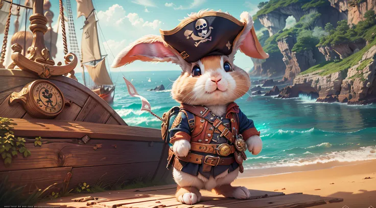 An adventurous bunny in an adventurous costume, Explore the magical pirate ship with an explorers backpack. (Best quality,4K,8K,A high resolution,Masterpiece:1.2), Ultra-detailed, (Realistic,Photorealistic,photo-realistic:1.37), hdr, hyper HD, Studio light...