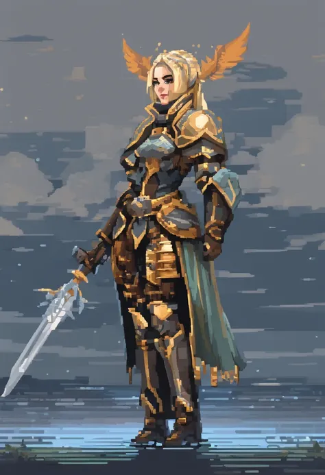 A woman in armor walking through a body of water, picture of female paladin, female paladin, fantasia paladin mulher, gorgeous female paladin, cavaleiro feminino, retrato cavaleiro feminino, Retrato do Paladino Feminino, Warhammer 4 0K obra de arte, de uma...