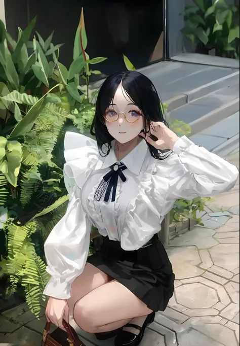 araffed woman in a white blouse and black skirt posing for a picture, (wearing thin large round circle glasses:1.1), ulzzang, xintong chen, korean girl, belle delphine, sakimichan, anime girl in real life, wearing a blouse, profile pic, wenfei ye, ruan cut...