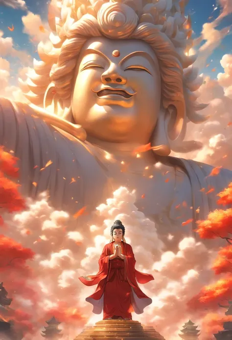 ((masutepiece))，(Best Quality))，china style，In the sky, Clouds form a huge white Buddha statue，Thick clouds，and the sun was shining brightly，Pilgrims on the road，Hyper-realistic，Ultra photo realsisim，White species，8K，High Definition，high quarity，Works of m...