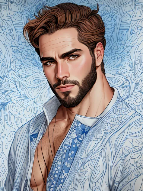 um desenho de um homem com barba e camisa, retrato masculino da fantasia, Homem extremamente detalhado, desenho digital detalhado, detailed illustration portrait, bela arte de linha, bonito rosto detalhado, Arte de linha intensa, arte digital altamente det...