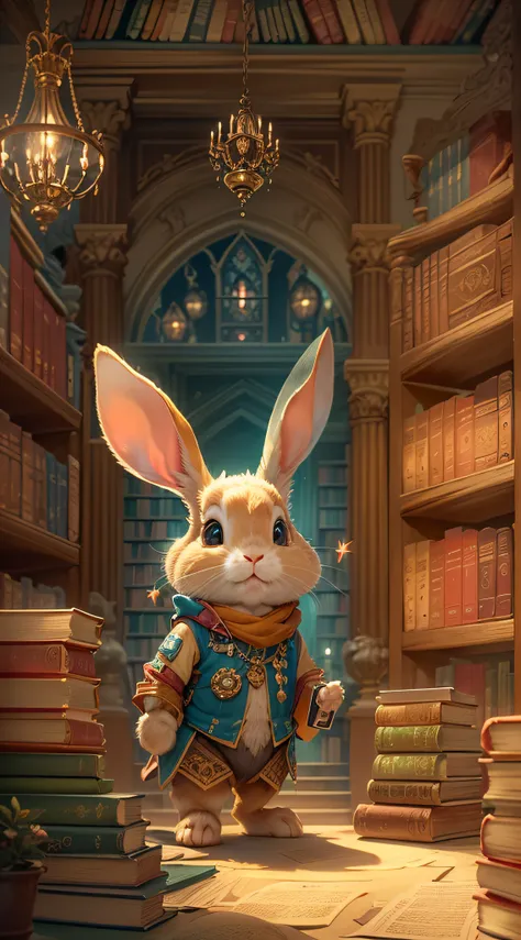 (A rabbit,Cartoon,Rabbit) Wearing (Adventure suit,Outdoor adventurer clothing) Stand at front (Magic Library,A library full of books,Magical bookshelves,Mystery Collection). Rabbit with one (Explorer backpack,Adventure backpack) on its back. The library is...