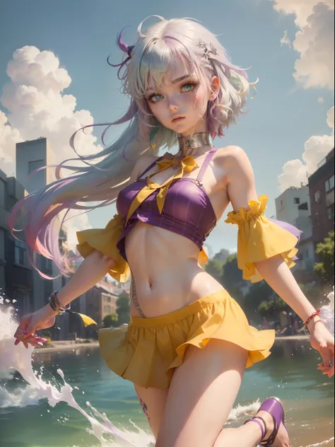 1.5),(1 girl),(Dynamic Pose),(multicolored hair+Silver hair:1.3+Red hair:1.2+Purple hair+Yellow hair:1.3+Green hair:1.3),(Blue eyes),(Neck ribbon),(floating),(cloud),(Too many drops of water),(Twilight),(watercolor paiting),(Wide Shot),anklets,