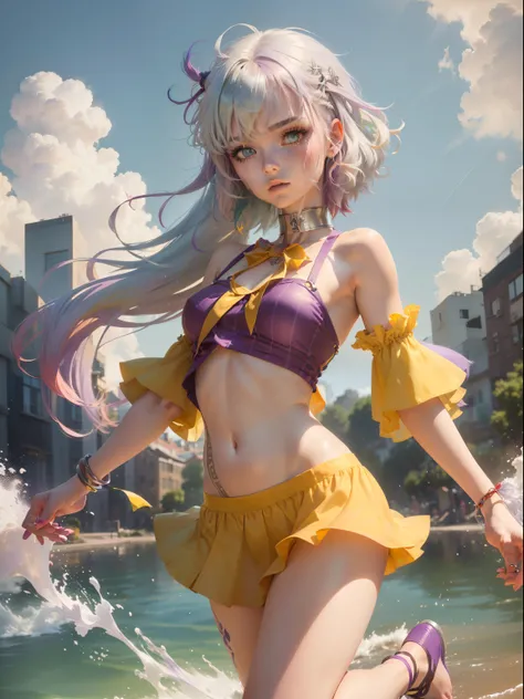 1.5),(1 girl),(Dynamic Pose),(multicolored hair+Silver hair:1.3+Red hair:1.2+Purple hair+Yellow hair:1.3+Green hair:1.3),(Blue eyes),(Neck ribbon),(floating),(cloud),(Too many drops of water),(Twilight),(watercolor paiting),(Wide Shot),anklets,