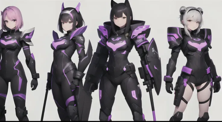 A team of five girls: Camera in the distance, futuristic style, wicked smile, Black and white armor with a neon purple pattern on the armor around the edges, lettering "Tears Frontage" Above them, whitebackground