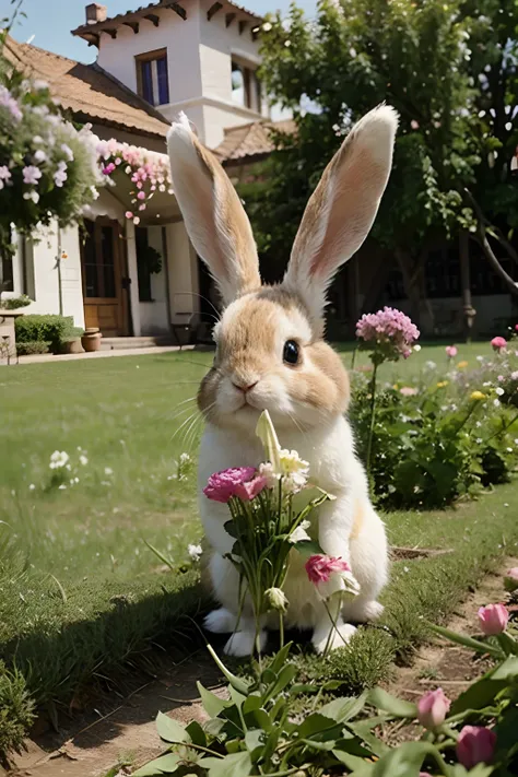 cute small rabbit under huge flowers