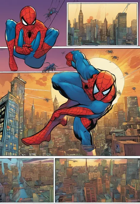 American comic, Comic Story、Displayed in multiple colored irregular panels. It is a detail of Spider-Man fighting evil in the city