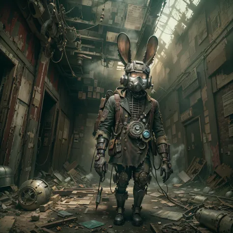 (Best quality,4K,8K,A high resolution,Masterpiece:1.2),Ultra-detailed,(Realistic,Photorealistic,photo-realistic:1.37),steampunc,illuminations,Cityscape,Abandoned,废墟,An adventurous bunny in an adventurous costume, Carrying an explorers backpack,Explore the ...