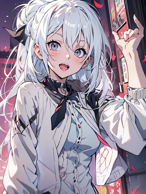 anime girl with white hair sticking out her tongue, 1 7 - year - old anime goth girl, perfect white haired girl, ;open mouth, white haired lady, anime vampires, style of madhouse anime, todays featured anime still, girl with white hair, in the anime film, ...