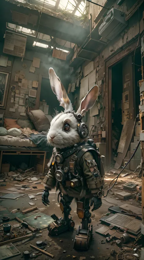 (Best quality,4K,8K,A high resolution,Masterpiece:1.2),Ultra-detailed,(Realistic,Photorealistic,photo-realistic:1.37),steampunc,illuminations,Cityscape,Abandoned,废墟,An adventurous bunny in an adventurous costume, Carrying an explorers backpack,Explore the ...