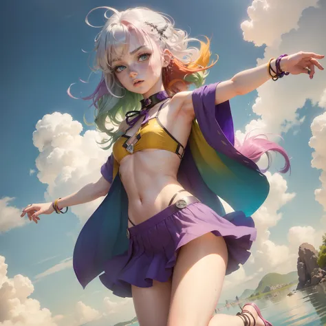 1.5),(1 girl),(Dynamic Pose),(multicolored hair+Silver hair:1.3+Red hair:1.2+Purple hair+Yellow hair:1.3+Green hair:1.3),(Blue eyes),(Neck ribbon),(floating),(cloud),(Too many drops of water),(Twilight),(watercolor paiting),(Wide Shot),anklets,sandal,