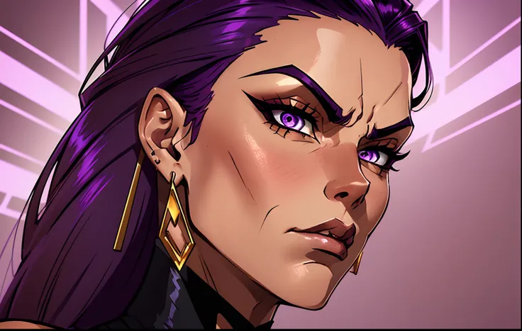 1 woman with bronze tan skin, fully slicked back long black and purple hair, stern and serious expression, purple magic coming out of her hands, big gold earrings, inspired from reyna from valorant, reyna, detailed background, angry expression