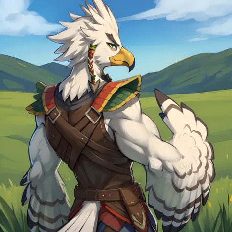 detailed, anthro, rito, male, solo, teba, muscular skinny, detailed eyes, braids in the hair, bird tail, armor, view back, in th...