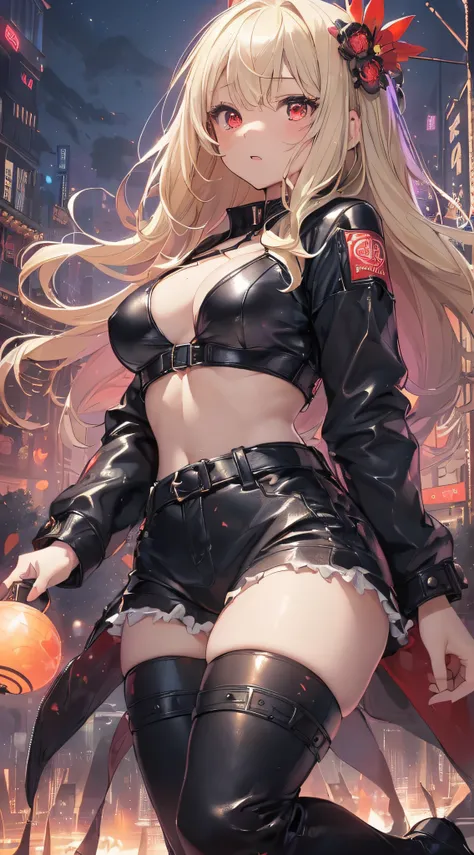 top-quality、Top image quality、​masterpiece、girl with((cute little、18year old、Best Bust、Medium bust、Bust 85,Red eyes to issue、Breasts wide open,Valley、Blonde long hair、A slender、Black leather bra、Black leather jacket、White trousers、astonished face、weightles...