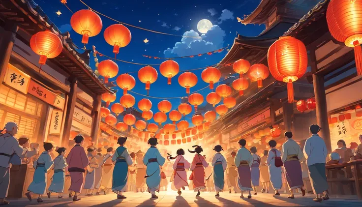 Festive lanterns, Family reunion, Moon cake, Moon viewing, Impressionism, ，A group of people carried things to worship the cow god，Dragon dance, Panoramic view, Warm light, Festive lighting, Colorful light