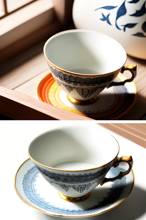 Design a teacup，The pattern has the characteristics of Yao embroidery，The color scheme is red, yellow, black and white，natural soft light