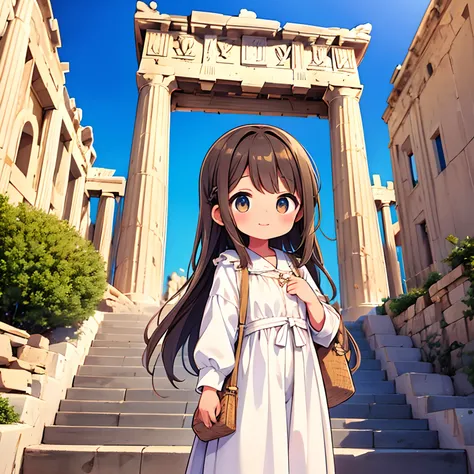 Tourism in Greece、Parthenon、Kawaii Girl、happily face、Greek traditional clothes、Brown skin、​masterpiece、top-quality、Top image quality