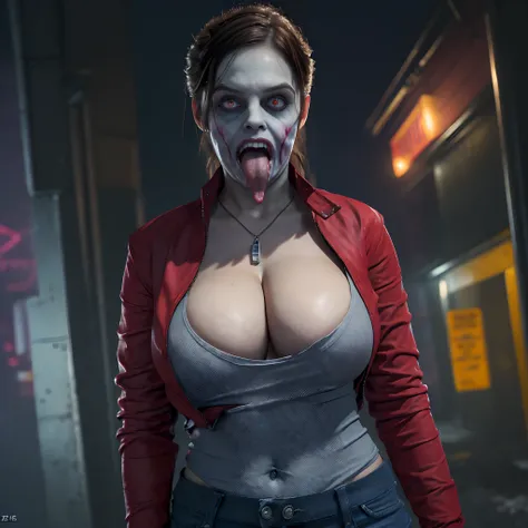 (masterpiece:1.2, Best Quality:1.2), ((Claire Redfield, super beautiful woman)), Resident evil, (Red jacket, White shirt, Long jeans, torn jeans), (Colossal tits:1.5, Huge boobs:1.5, Huge breasts:1.5, gigantic cleavage breasts:1.5), (Detailed face, Detaile...