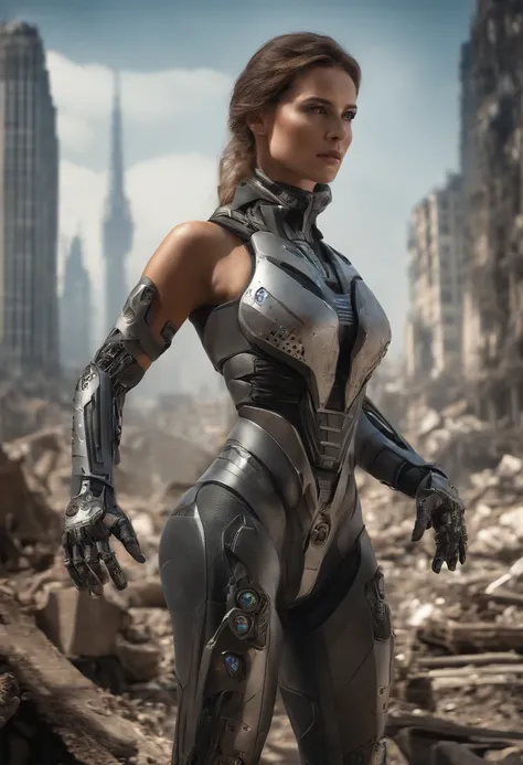 Um Ciborgue altamente detalhado, Arms crossed in front of a destroyed city, sporting futuristic details on his bionic body. (An extremely detailed cyborg with arms crossed in front of a destroyed city, with futuristic details on her bionic body.) pegue o r...