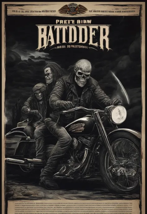 CREATE AN 80S STYLE POSTER WITH BEER AND HARLEY DAVIDSON MOTORCYCLES, ON THE POSTER WRITE: BATIST BREW RIDERS