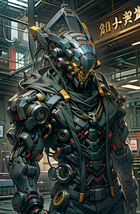 Dark_Fantasy,Cyberpunk,(chain saw,chain saw man,黄金铠甲:1.1),1man,Mechanical marvel,Robotic presence,Cybernetic guardian,电锯人