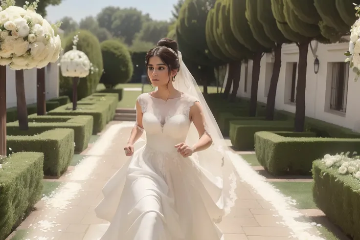 year: 2023. Location: Madrid. Pre-Raphaelite scene with a 32-year-old Diane Guerrero, ((runaway bride)), ((escaping)), ((running fast)), villas garden, ((((wedding dress from the 2020s)))) ((Hairstyle of the 2020s, low bun)), ((("OMITB" cinematography)))