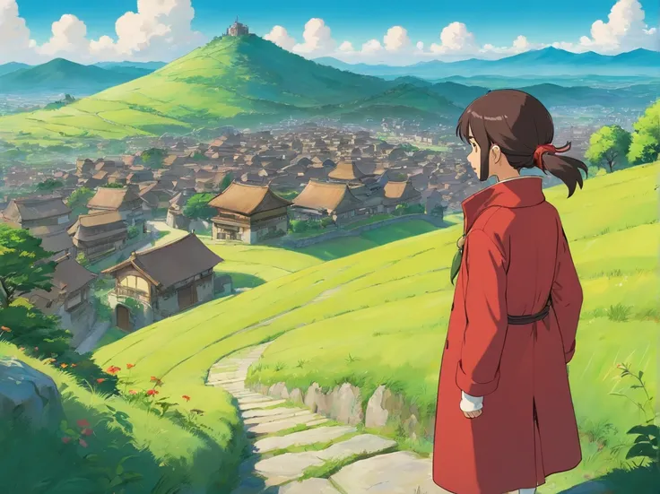 Red coat，drak，full bodyesbian，Stand on the hills，baiyun，Villages in the distance