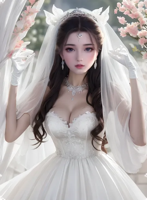 Close-up of a beautiful bride in a beautiful wedding dress, Gurvetz,（ pillory：1.5）, Flail on the head, Flail on the hands, Flail,(Bridal veil: 1.5), (Short transparent veil: 1.5), Flushed face, Head flower, head gear, (Tubular wedding dress: 1.5), (Silk dr...