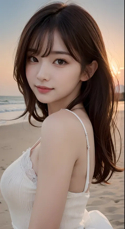 Best quality, Masterpiece, 超高分辨率, (Photorealistic:1.4), RAW photo, Seductive smile, Cute, Realistic lighting, Pink off-the-shoulders, Thoughtful, Outdoors, Long hair,