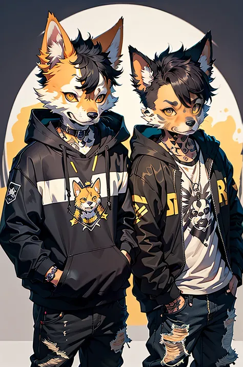 Two cool and trendy dogs looking here, Black hair, Yellow eyes, Wear trendy hip-hop clothes, Wearing a hoodie, Graphic T-shirt and ripped jeans, Lots of tattoos and piercings, Doodle style background, Highly detailed background, perfect masterpiece, High q...