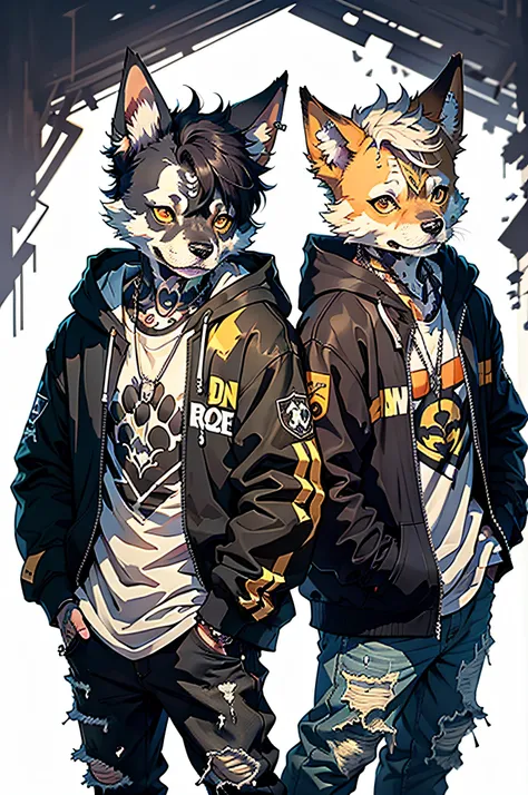 Two cool and trendy dogs looking here, Black hair, Yellow eyes, Wear trendy hip-hop clothes, Wearing a hoodie, Graphic T-shirt and ripped jeans, Lots of tattoos and piercings, Doodle style background, Highly detailed background, perfect masterpiece, High q...