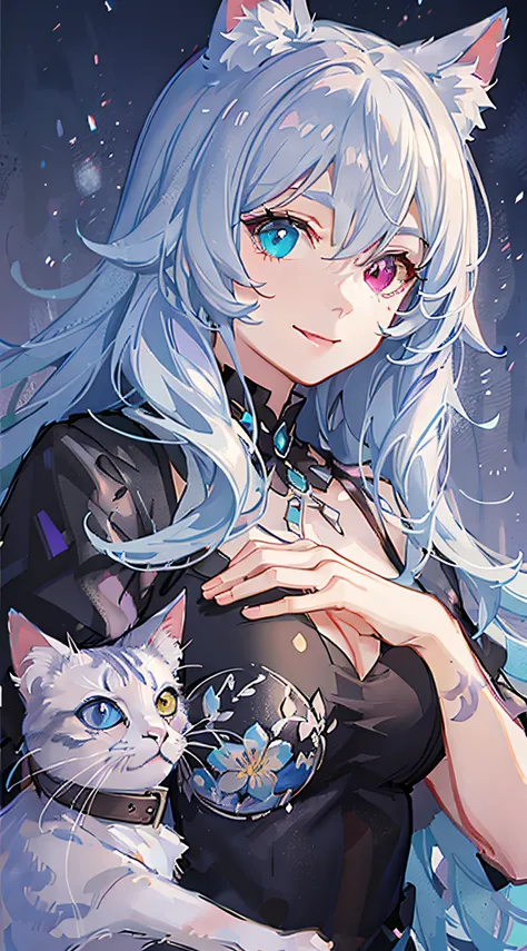 年轻, long white hair, Heterochromia, (Blue left eye, Right eye purple), White cat ears, Turquoise Top, Open chest, Tattoos, Smile, masutepiece, High quality