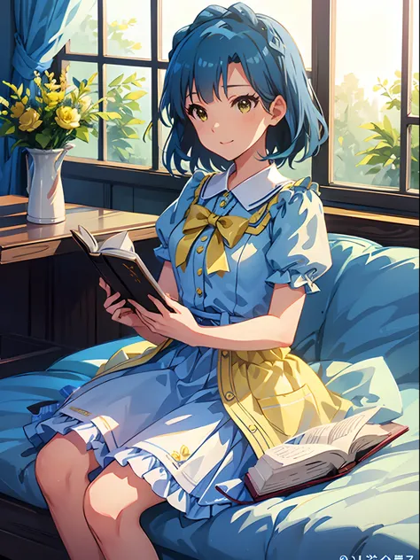 yuriko nanao (million live), 1 girl, Solo, Best Quality, masutepiece, 8K, High resolution, Ultra-detailed, lightsmile, Light blue dress, Sailor Color Dress, Short sleeves, Puffy sleeves, Yellow cardigan, sitting near the window, reading a book,