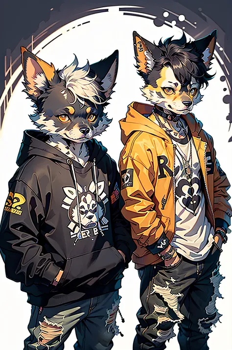 Two cool and trendy dogs looking here, Black hair, Yellow eyes, Wear trendy hip-hop clothes, Wearing a hoodie, Graphic T-shirt and ripped jeans, Lots of tattoos and piercings, Doodle style background, Highly detailed background, perfect masterpiece, High q...