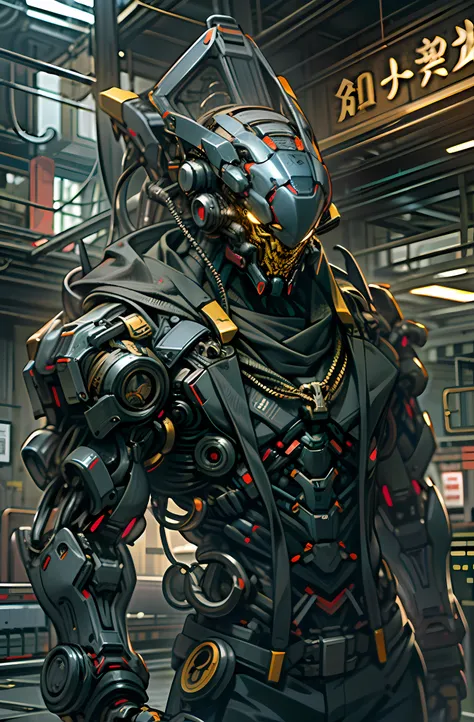 Dark_Fantasy,Cyberpunk,(chain saw,chain saw man,黄金铠甲:1.1),1man,Mechanical marvel,Robotic presence,Cybernetic guardian,电锯人