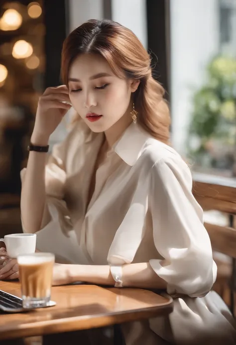 Milk-tea-colored up-do hair、White shirt、cleavage of the breast、Black tight mini skirt、Sitting in a café、Laptop and coffee on the table、Working on a laptop、Eyes on the laptop、realistic、Realistic Hallyu Beauty