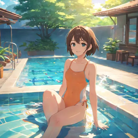 in a pool，There was a little girl sitting。The water in the pool is crystal clear，Girl in brightly colored swimsuit，Sitting eagerly on the water。Her face showed a look of happiness and satisfaction，The surroundings are full of laughter and laughter。The sun ...